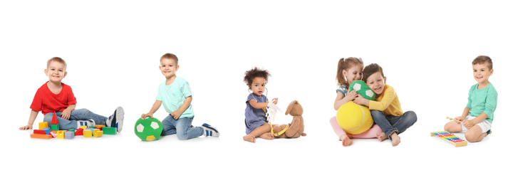 Image of Collage of cute little children playing on white background. Banner design