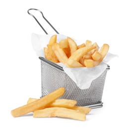 Delicious French fries and metal basket isolated on white