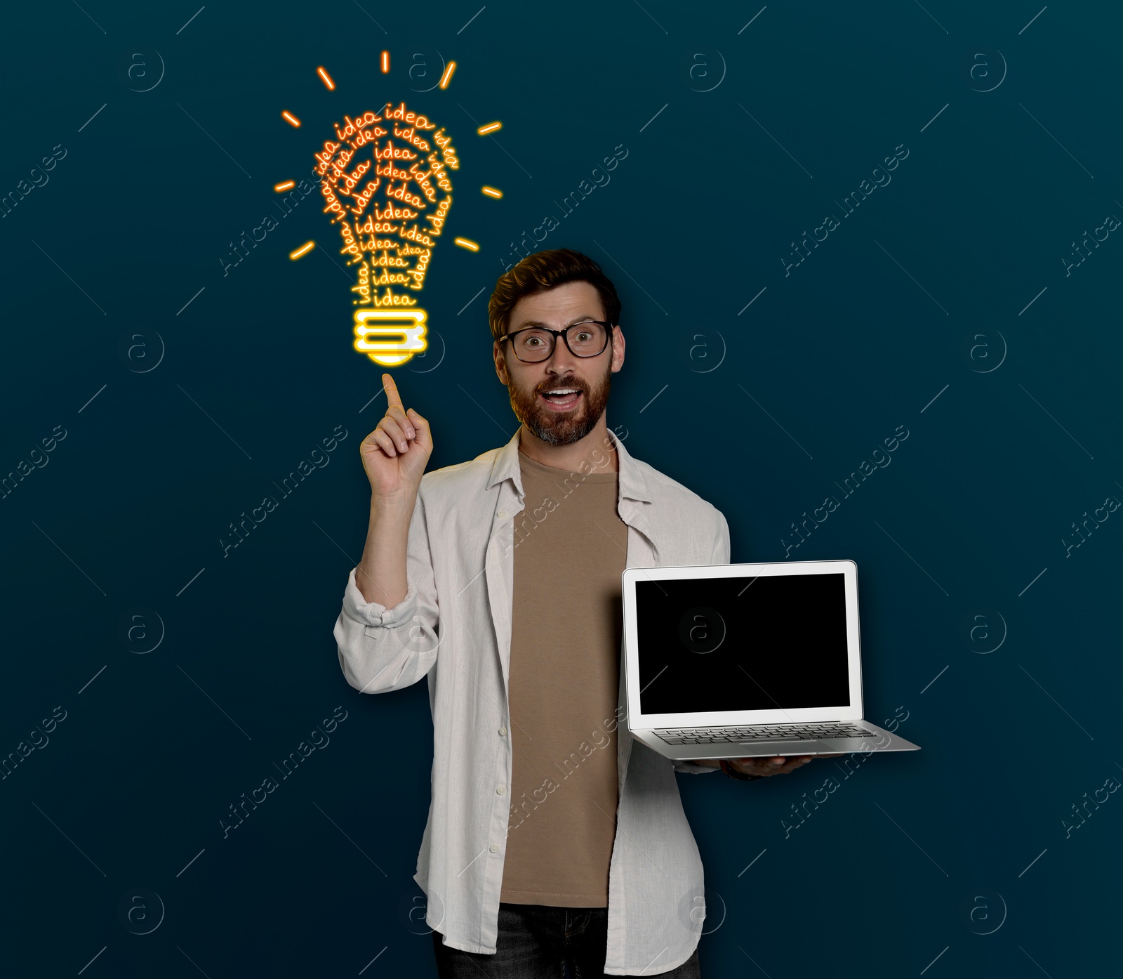 Image of Idea generation. Man with laptop and illustration of light bulb on dark blue background