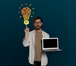 Idea generation. Man with laptop and illustration of light bulb on dark blue background