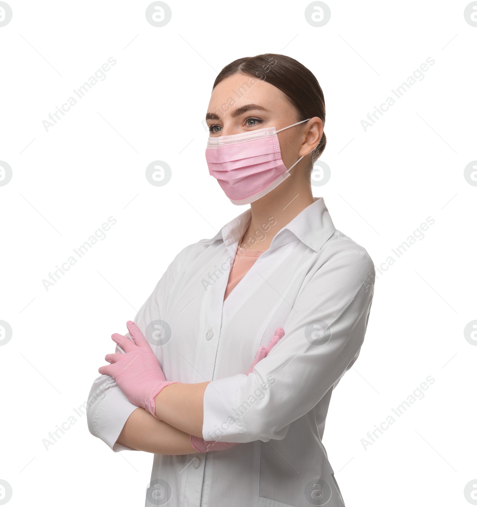 Photo of Cosmetologist in medical uniform on white background