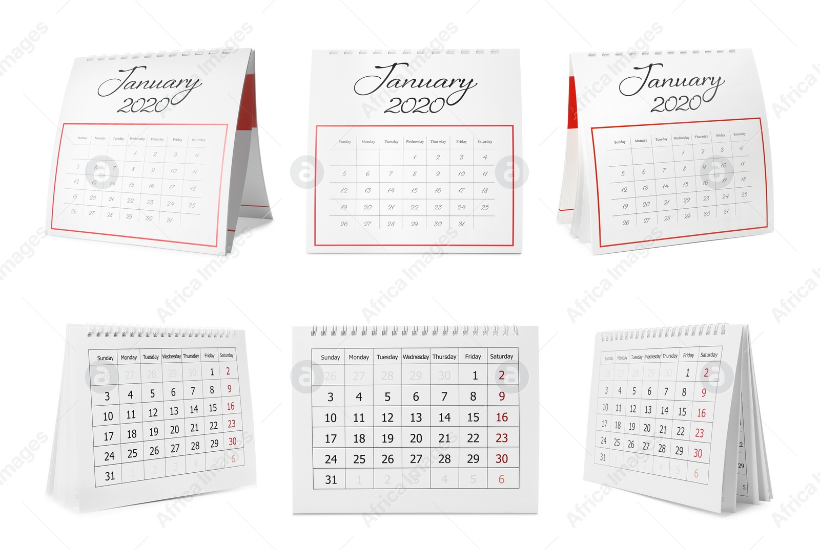 Image of Set of different paper calendars on white background