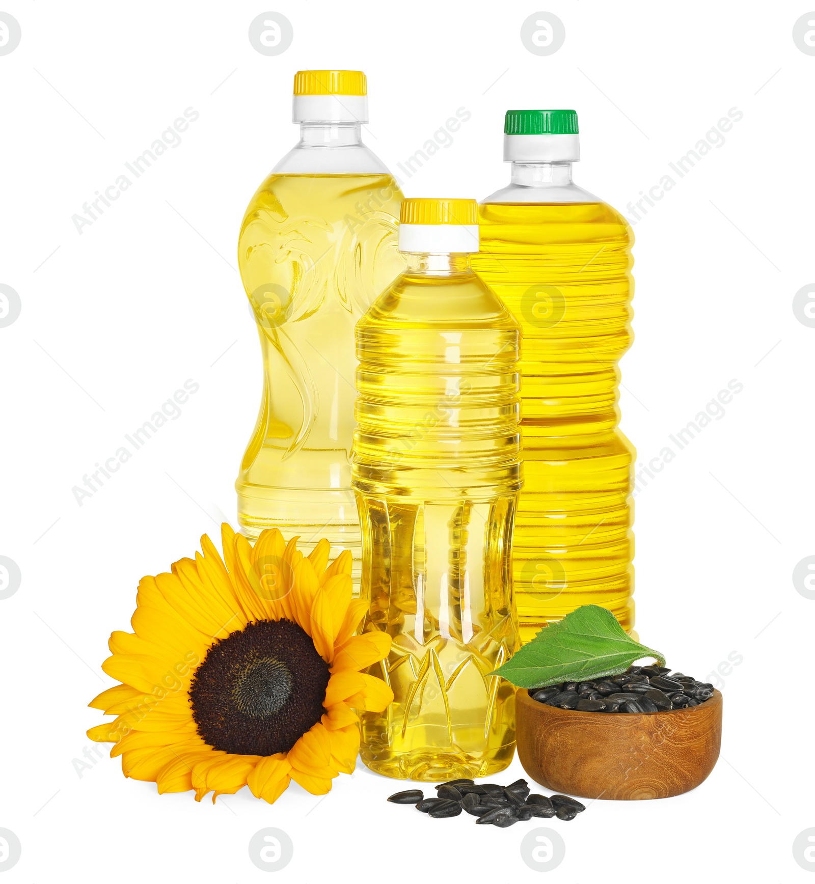 Photo of Bottles with sunflower cooking oil, seeds and yellow flower on white background