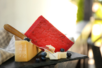 Different delicious cheeses, fork and blueberries on slate plate, closeup