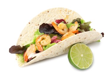 Photo of Delicious taco with shrimps and lime on white background