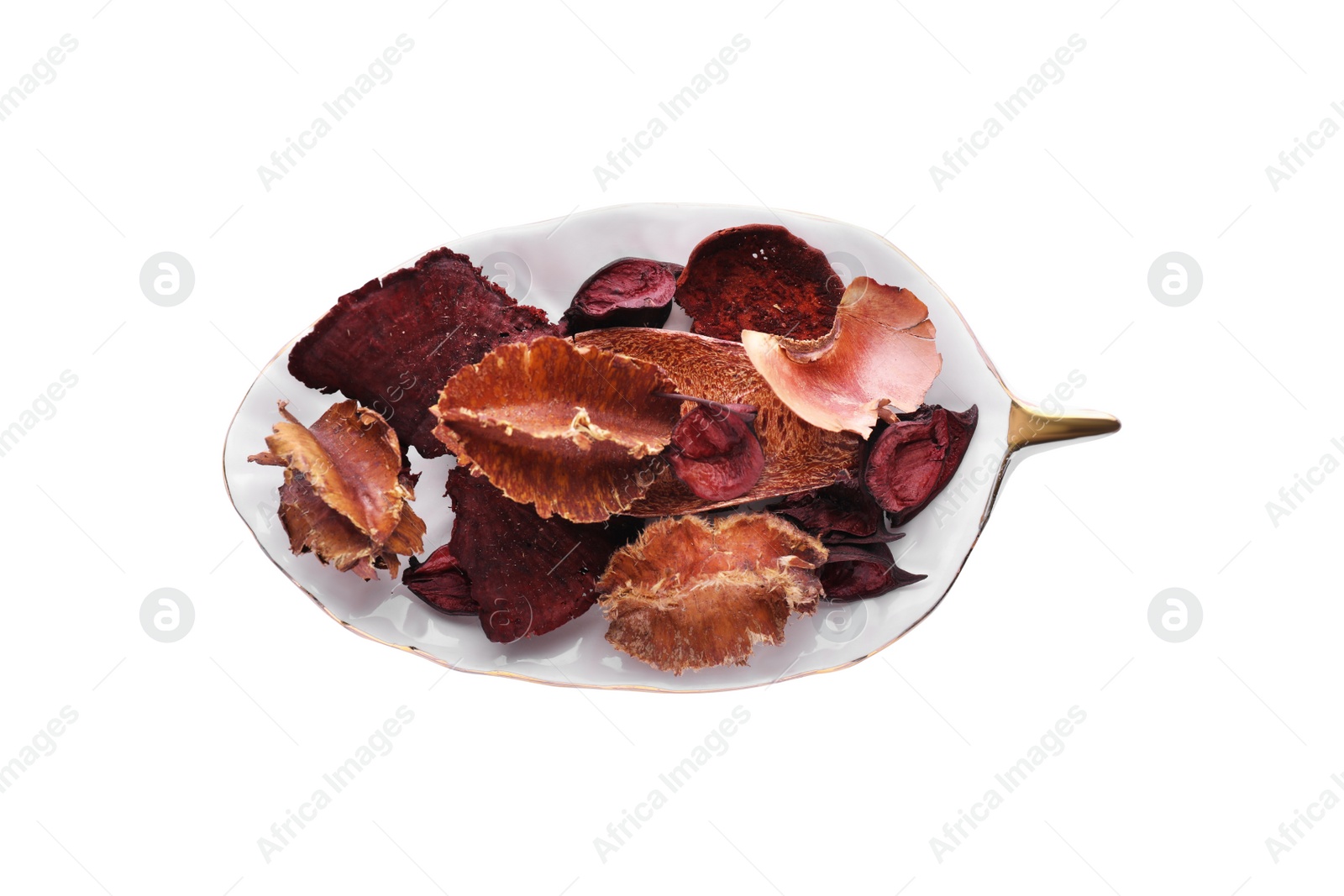 Photo of Many different scented potpourri in holder isolated on white, top view