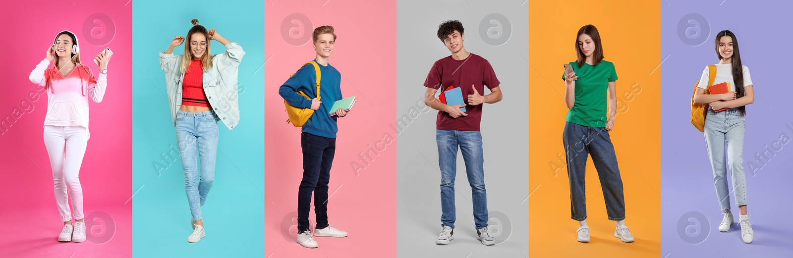 Image of Photos of teenagers on different color backgrounds, collage