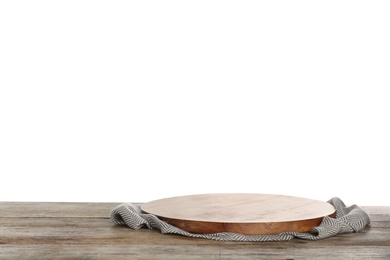 Photo of Wooden board and napkin on table against white background