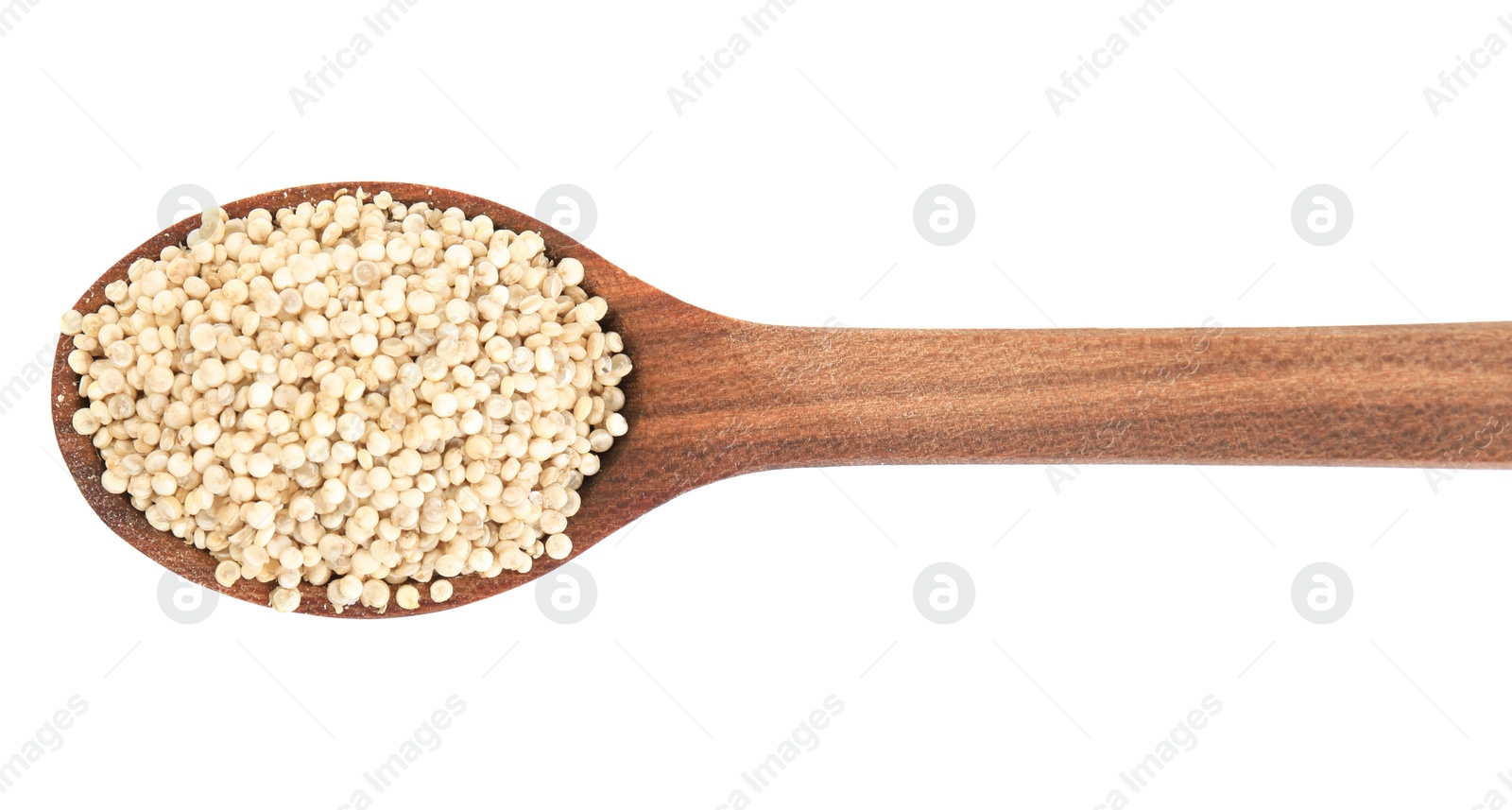 Photo of Wooden spoon with quinoa on white background, top view