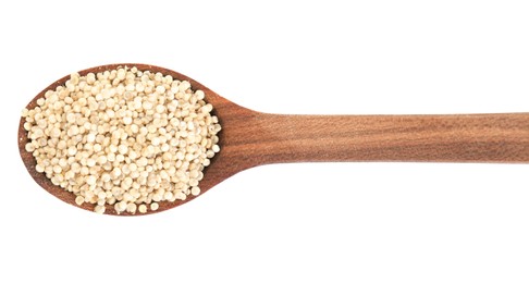 Wooden spoon with quinoa on white background, top view