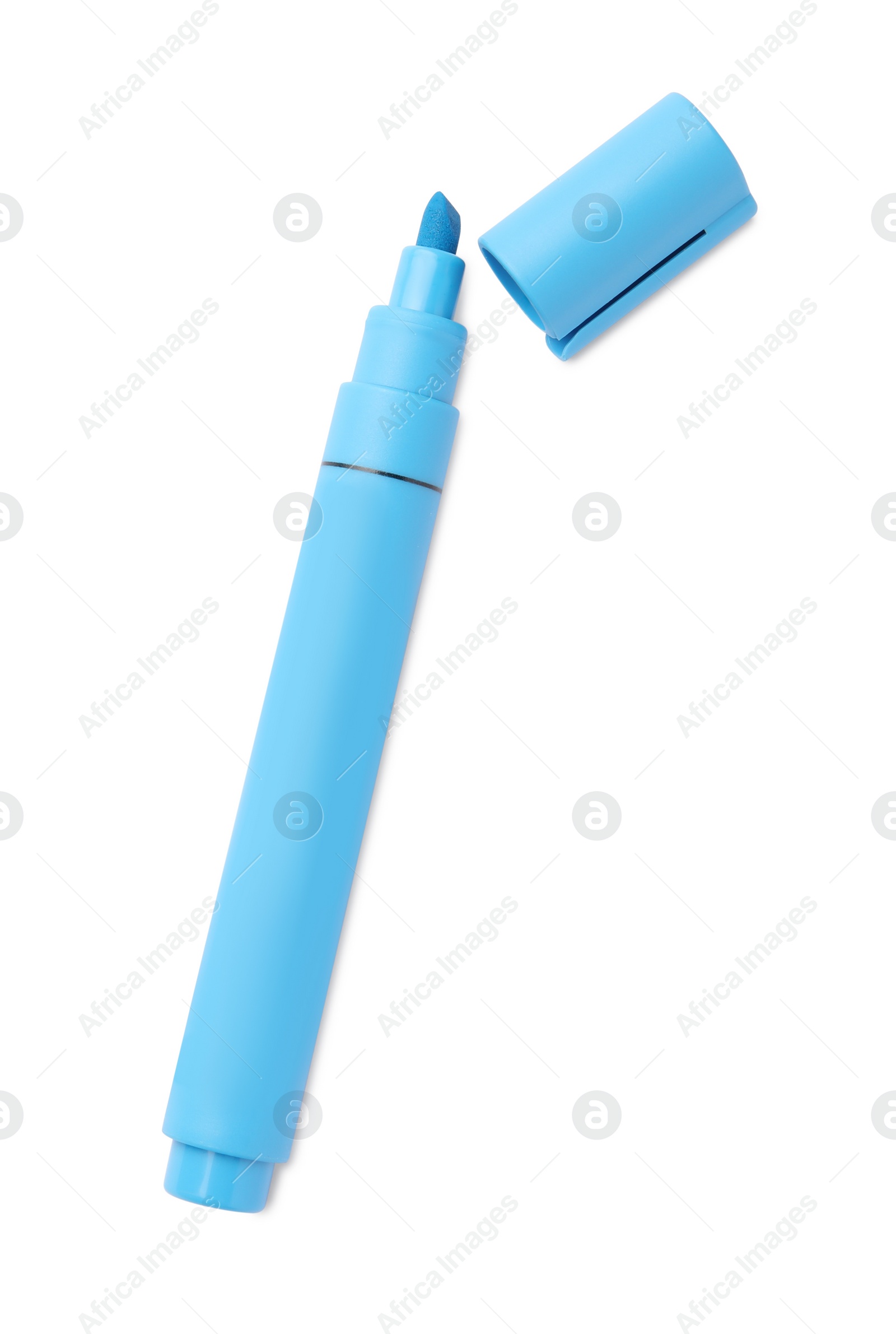 Photo of Bright light blue marker isolated on white, top view. School stationery