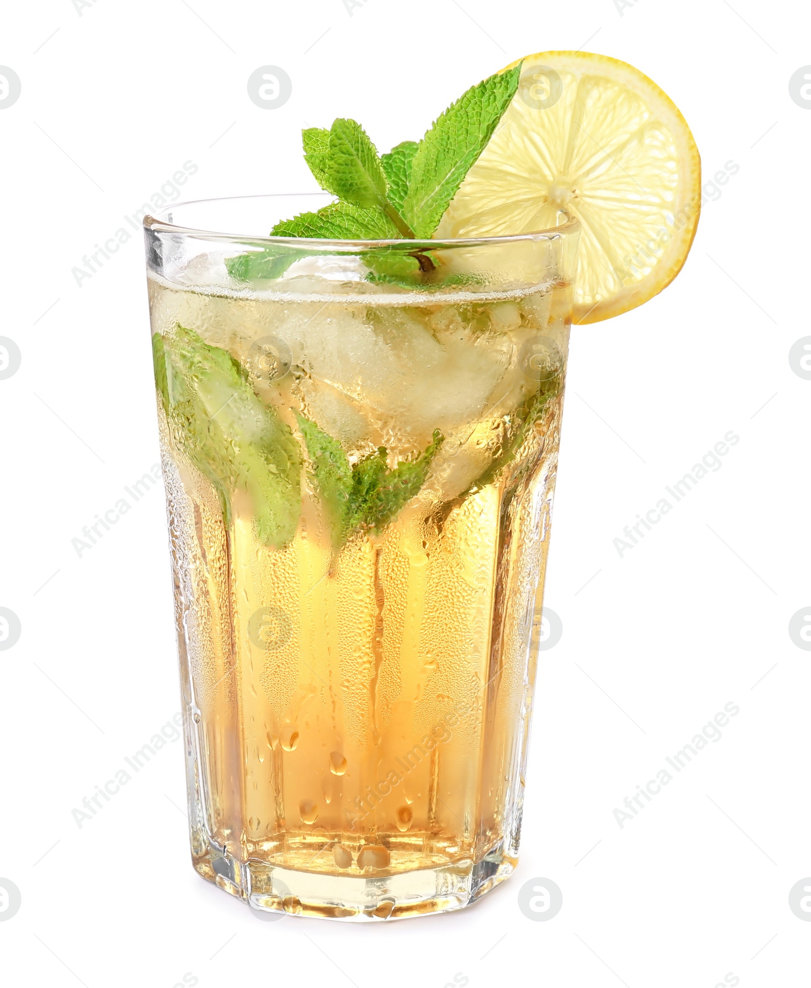 Photo of Glass of mint julep cocktail on white background
