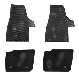 Image of Set with dirty black car floor mats on white background, top view