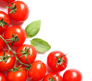 Composition with ripe cherry tomatoes and basil leaves on white background, top view