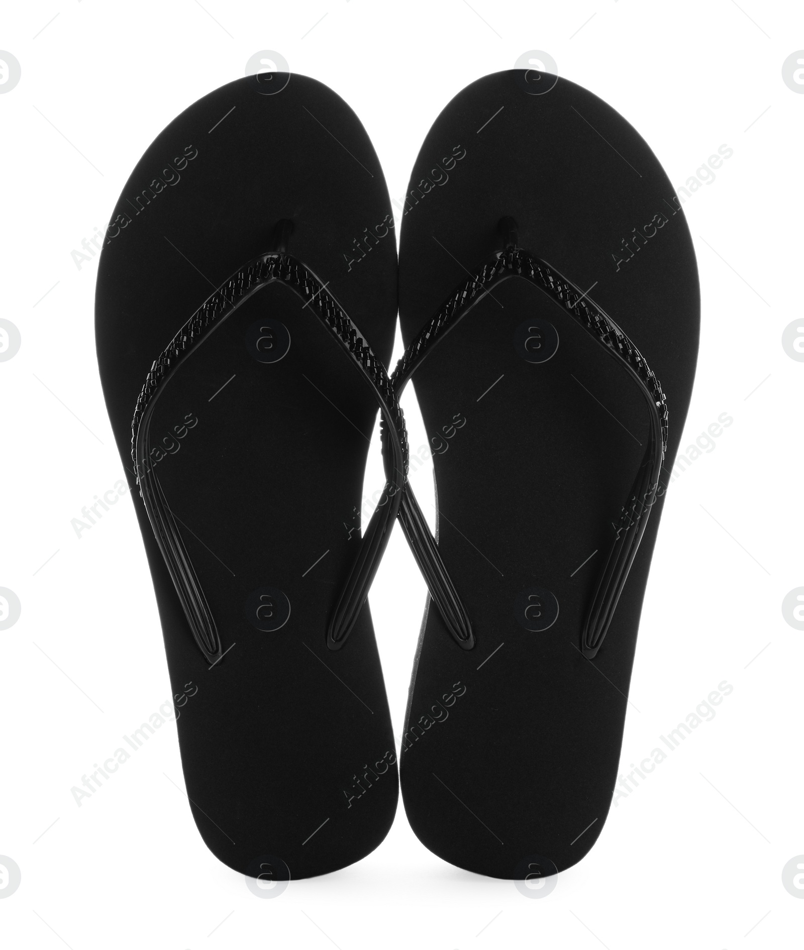 Photo of Pair of stylish flip flops on white background