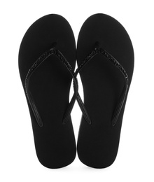 Photo of Pair of stylish flip flops on white background