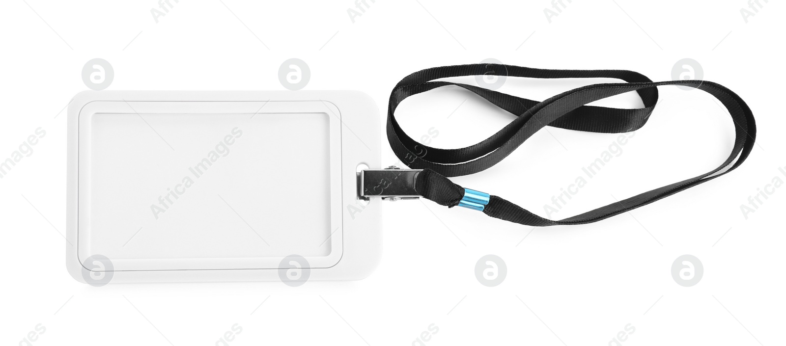 Photo of Blank badge with black string isolated on white, top view