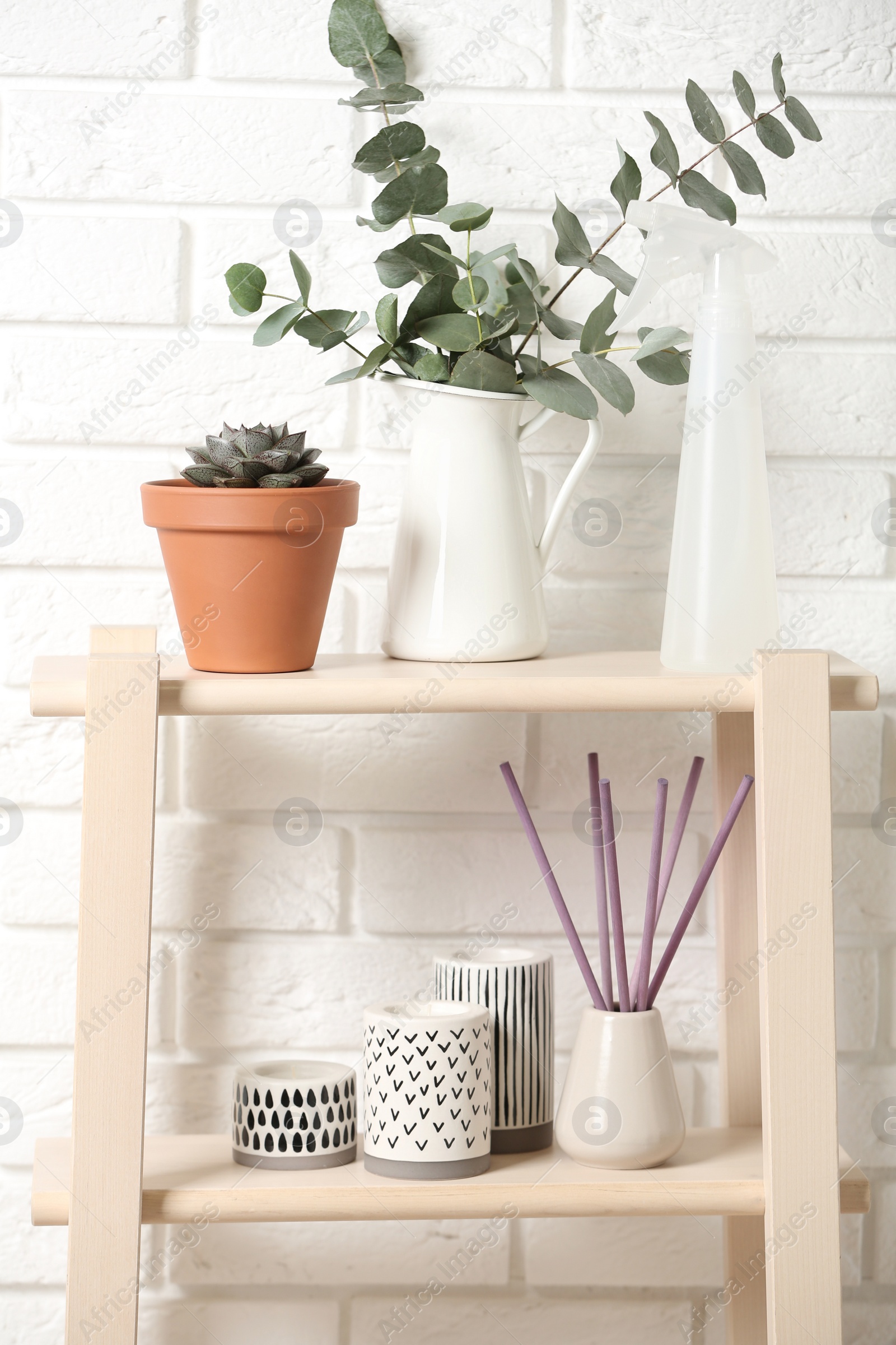 Photo of Beautiful plants and accessories on shelves near brick wall at home