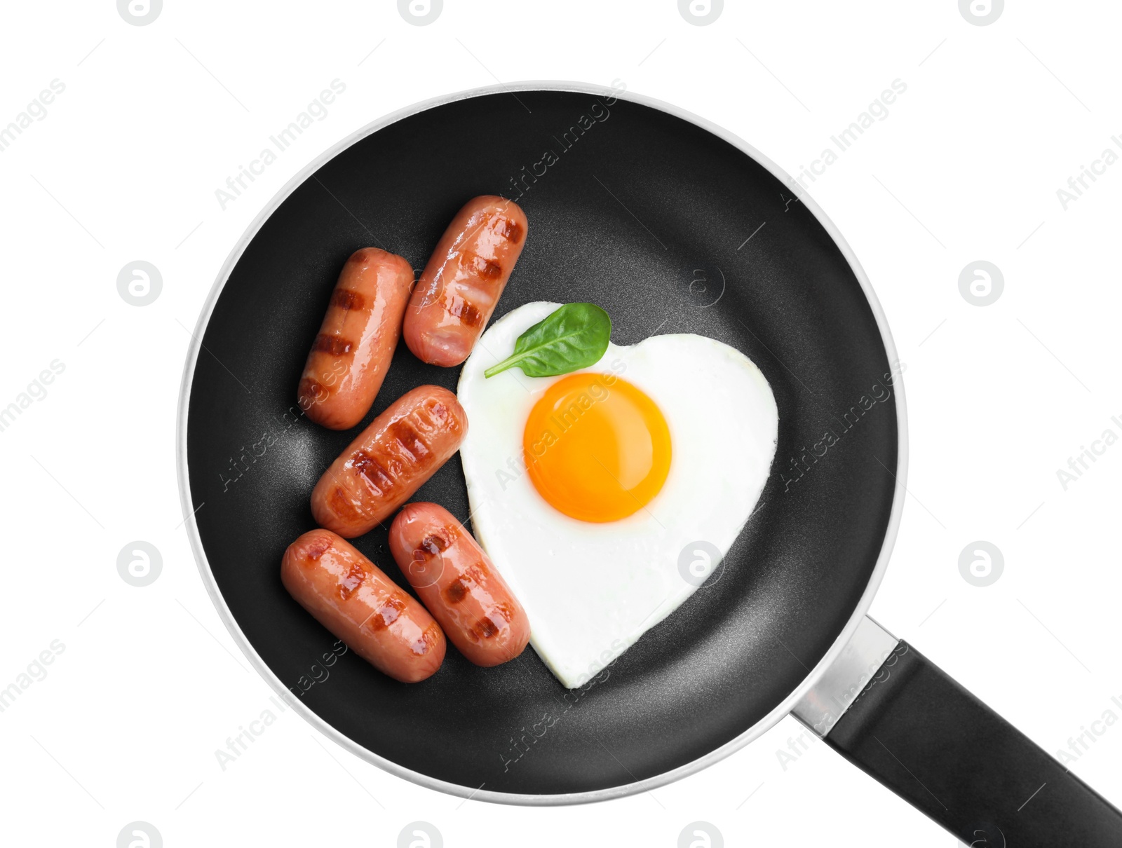 Photo of Romantic breakfast with fried sausages and heart shaped egg isolated on white, top view. Valentine's day celebration