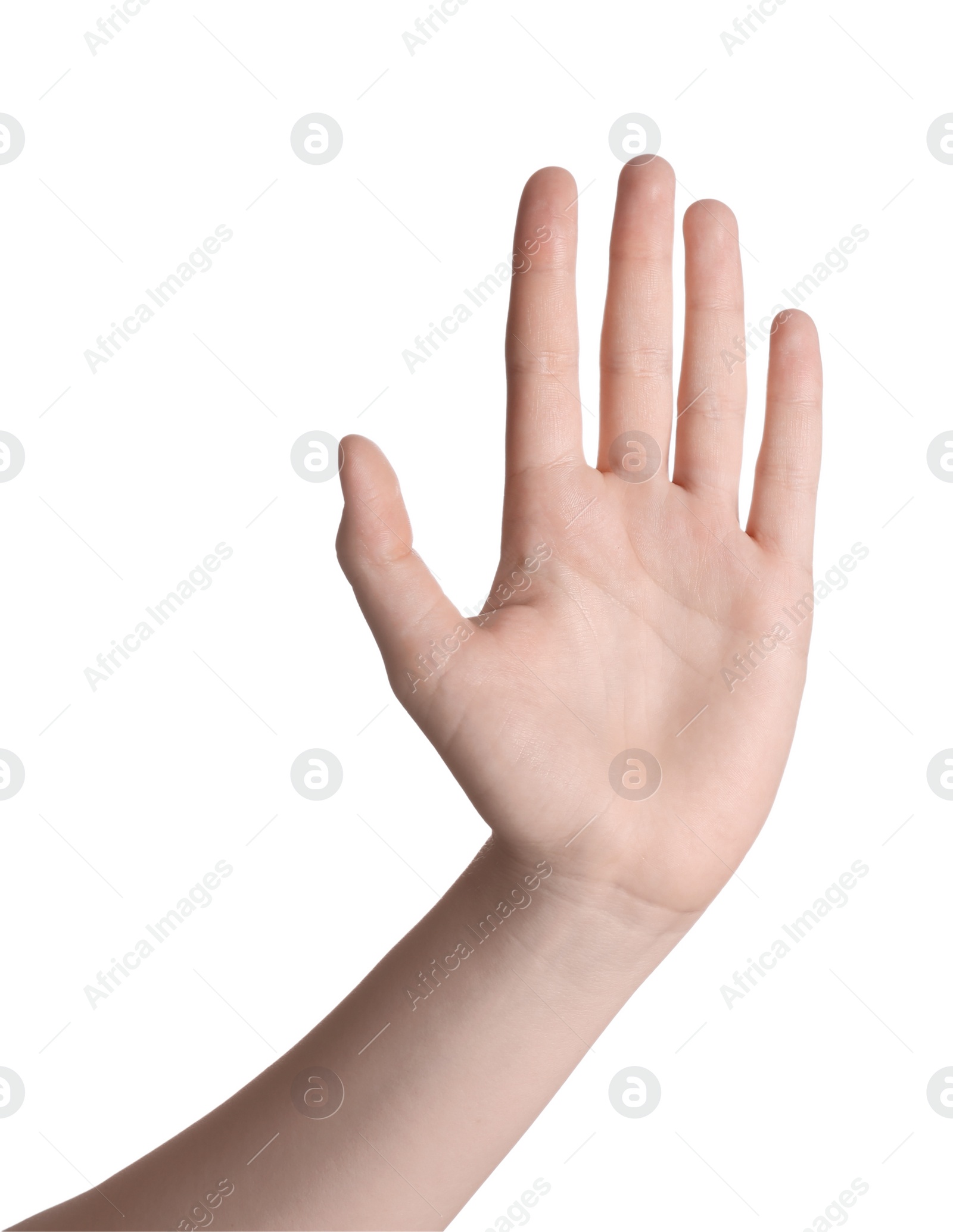 Photo of Woman against white background, closeup of hand