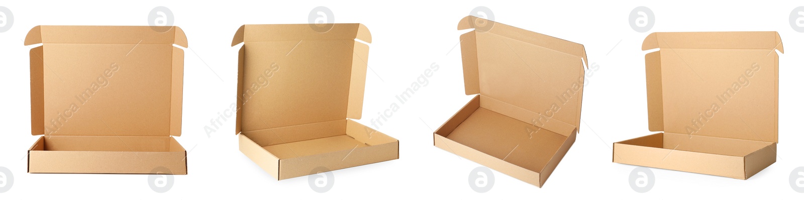 Image of Set with open cardboard boxes on white background. Banner design