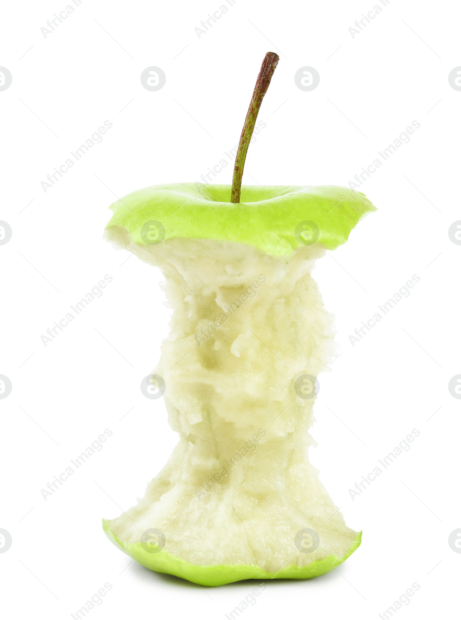 Photo of Half eaten green apple on white background