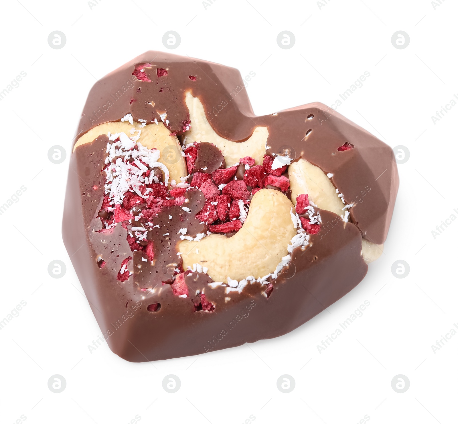 Photo of Tasty chocolate heart shaped candy with nuts on white background