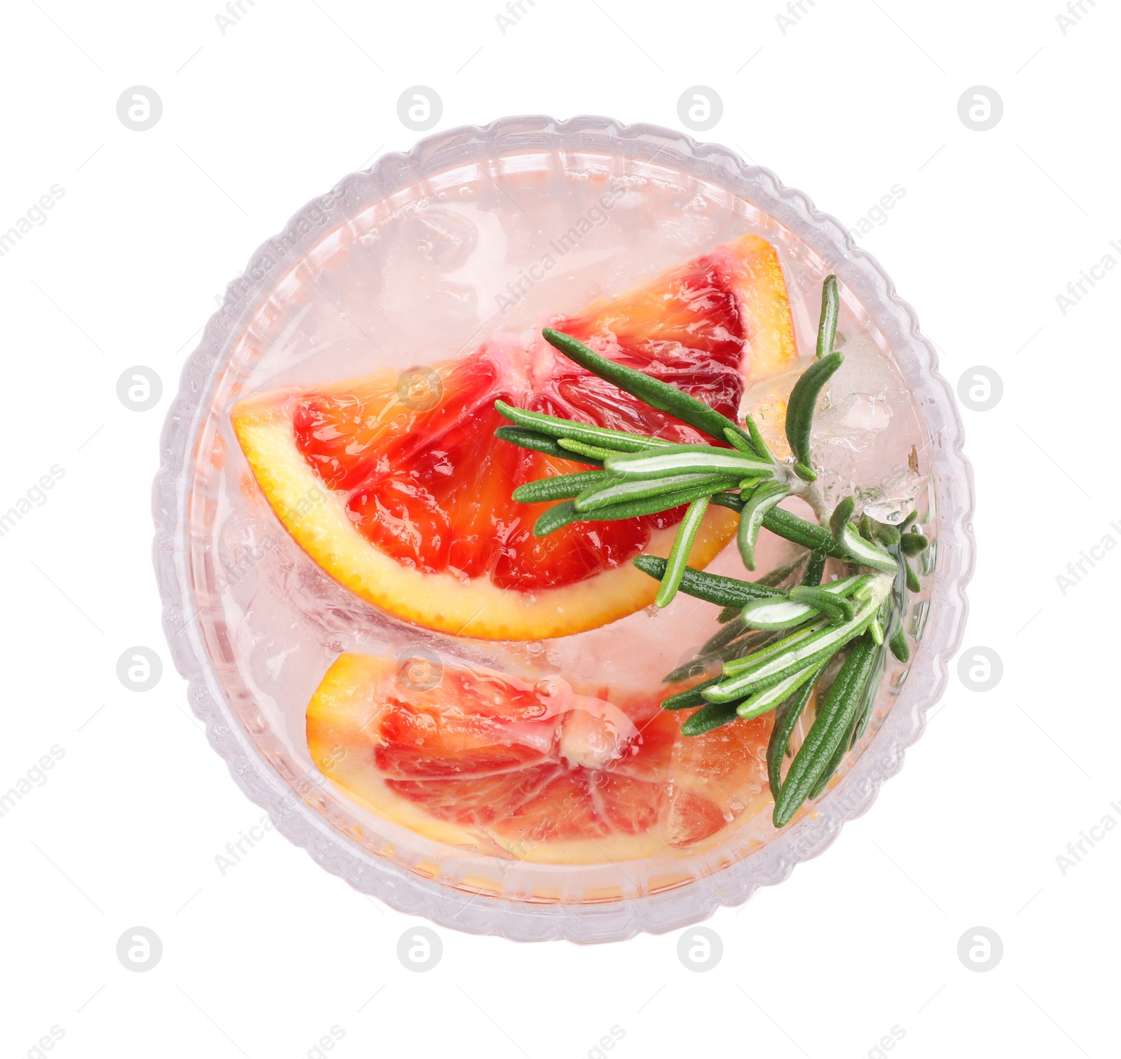 Photo of Delicious refreshing drink with sicilian orange, fresh rosemary and ice cubes in glass isolated on white, top view