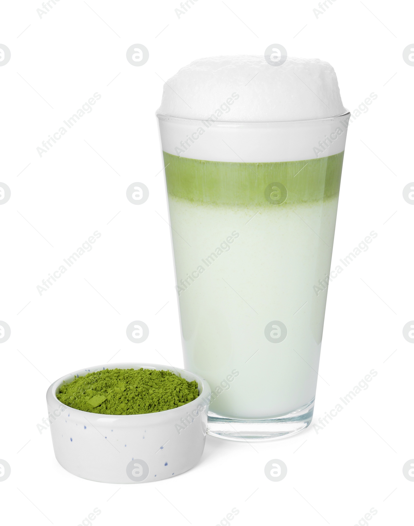 Photo of Glass of tasty matcha latte and green powder isolated on white