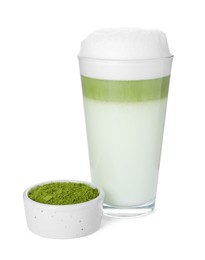Glass of tasty matcha latte and green powder isolated on white