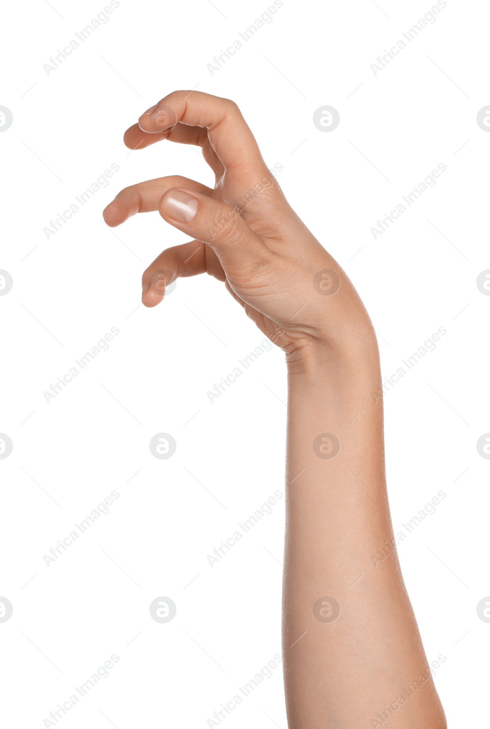 Photo of Woman gesturing on white background, closeup of hand