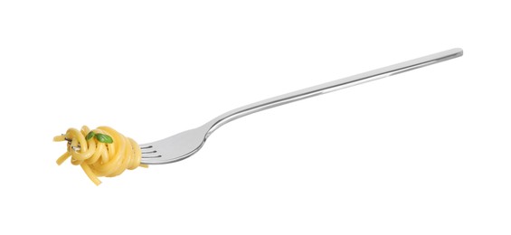 Fork with tasty pasta isolated on white