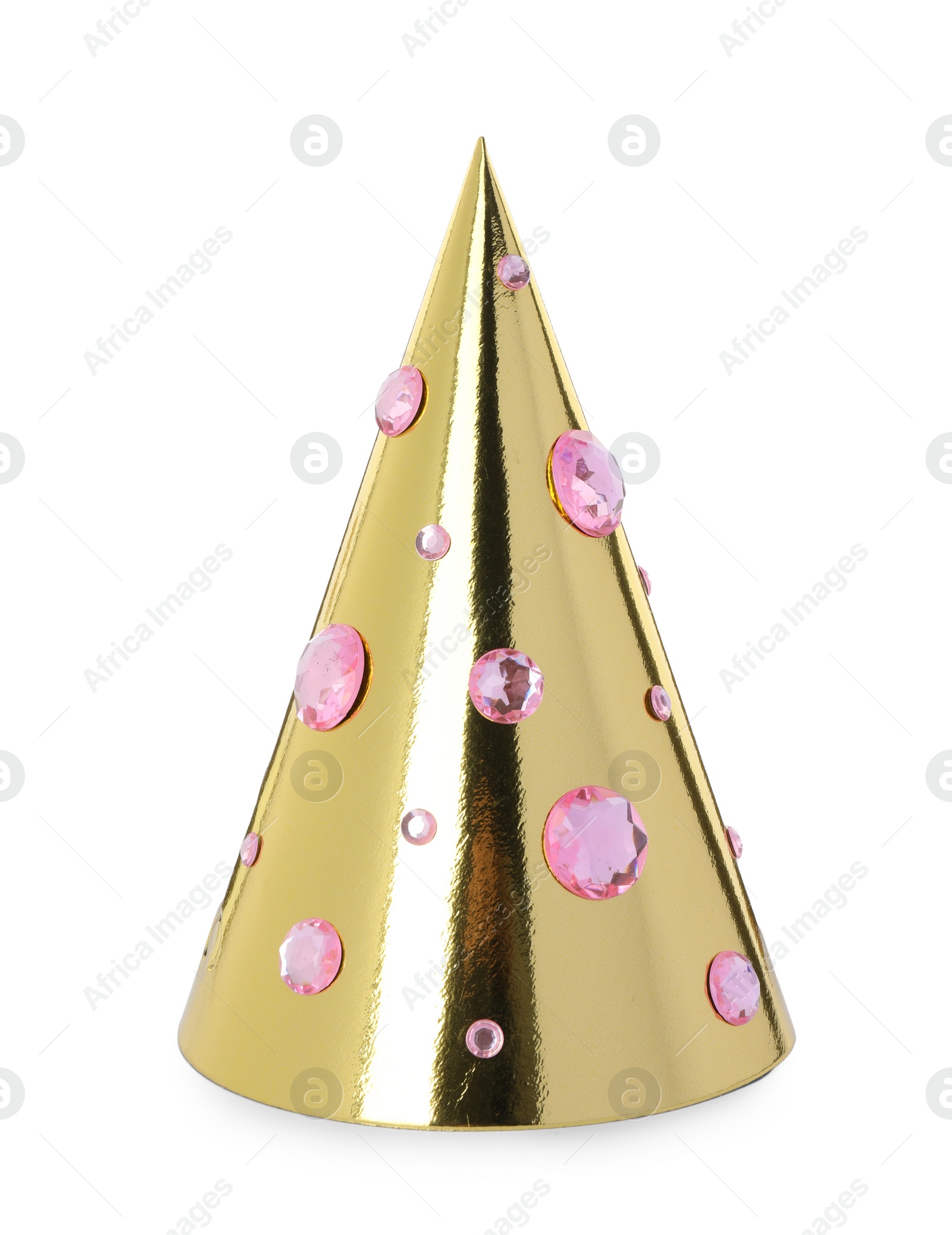 Photo of One shiny golden party hat with rhinestones isolated on white