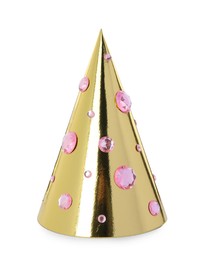 Photo of One shiny golden party hat with rhinestones isolated on white