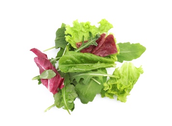 Photo of Heap of fresh salad greens on white background, top view