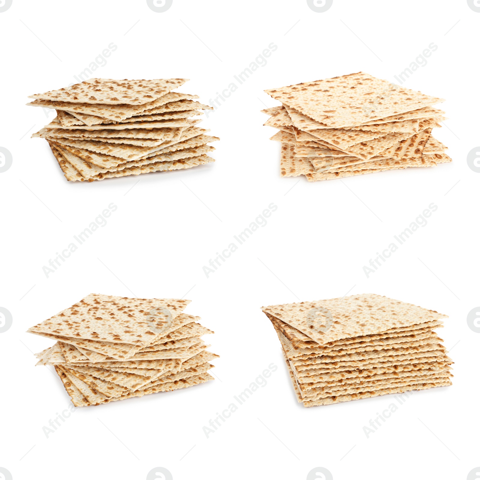 Image of Set with Passover matzos on white background. Pesach celebration