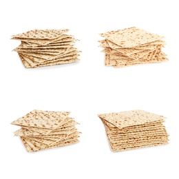 Image of Set with Passover matzos on white background. Pesach celebration