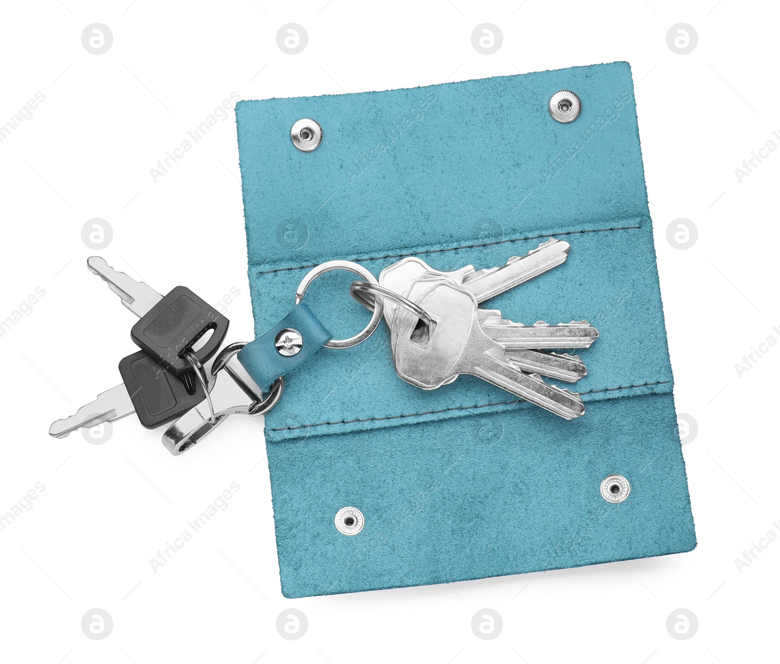 Photo of Stylish leather holder with keys isolated on white, top view