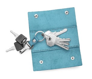 Stylish leather holder with keys isolated on white, top view