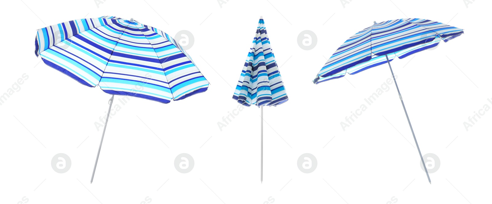 Image of Set with striped beach umbrellas on white background. Banner design