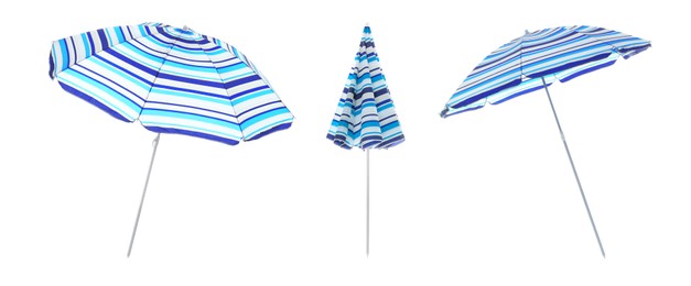 Image of Set with striped beach umbrellas on white background. Banner design