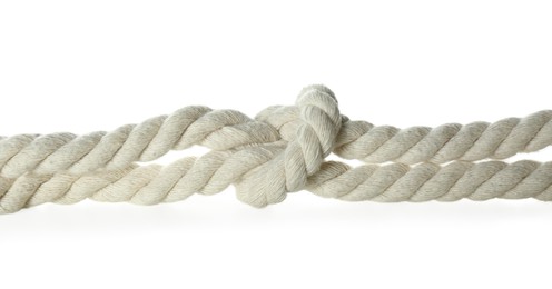 Cotton rope with knot on white background