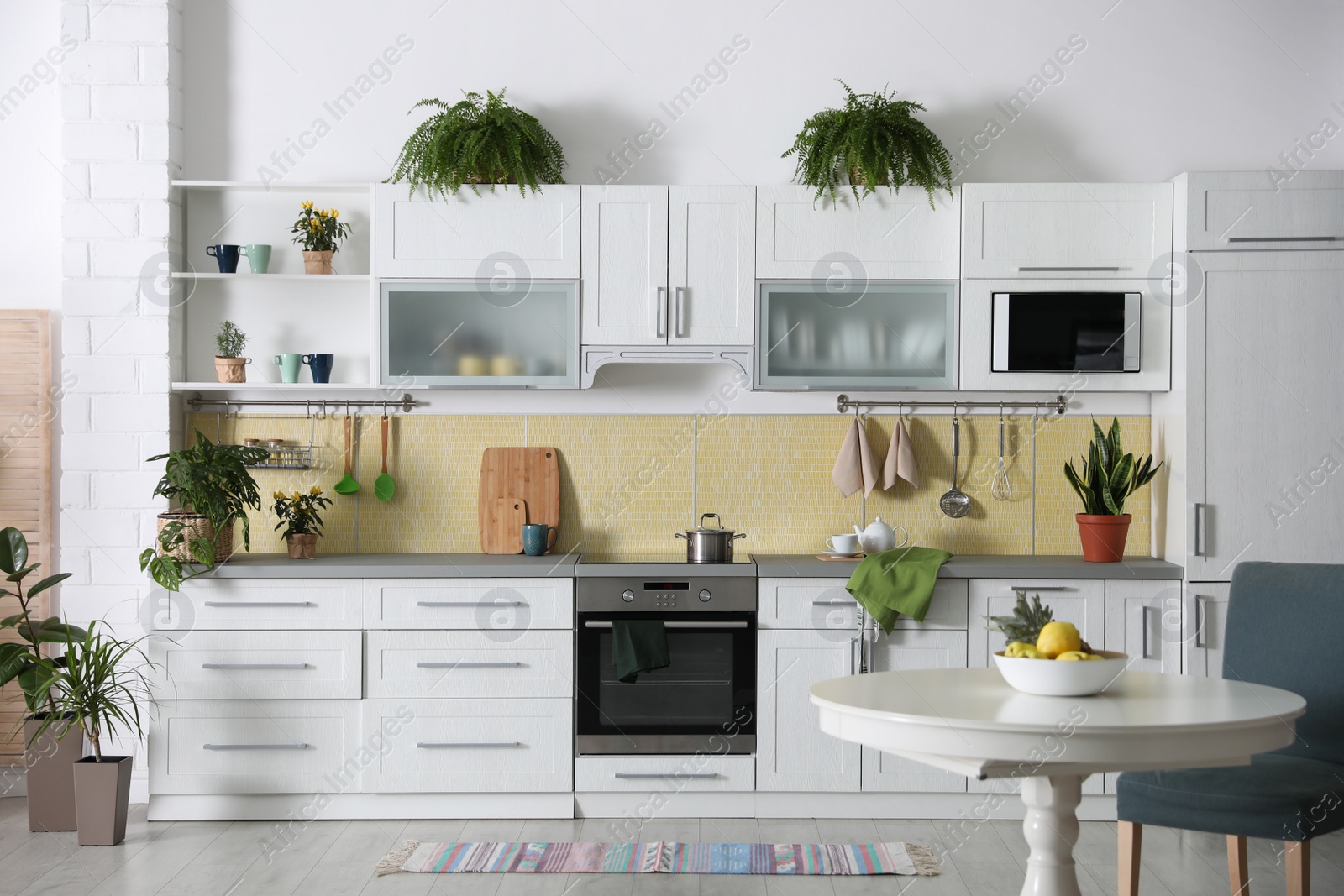 Photo of Stylish kitchen interior with green plants. Home decoration