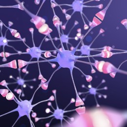 Illustration of Neural network with synaptic connections on purple gradient background, illustration