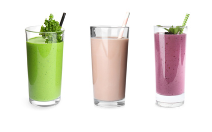 Image of Set of glasses with different protein shakes on white background