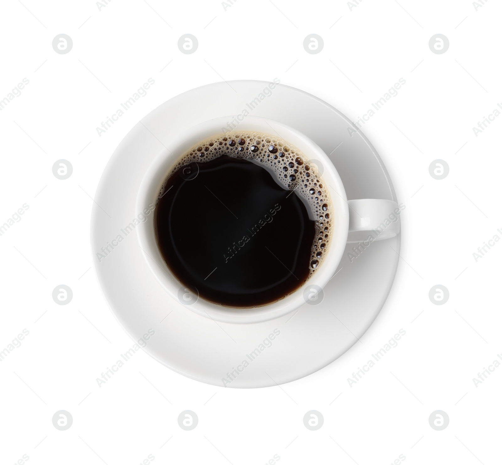 Photo of Aromatic coffee in cup isolated on white, top view