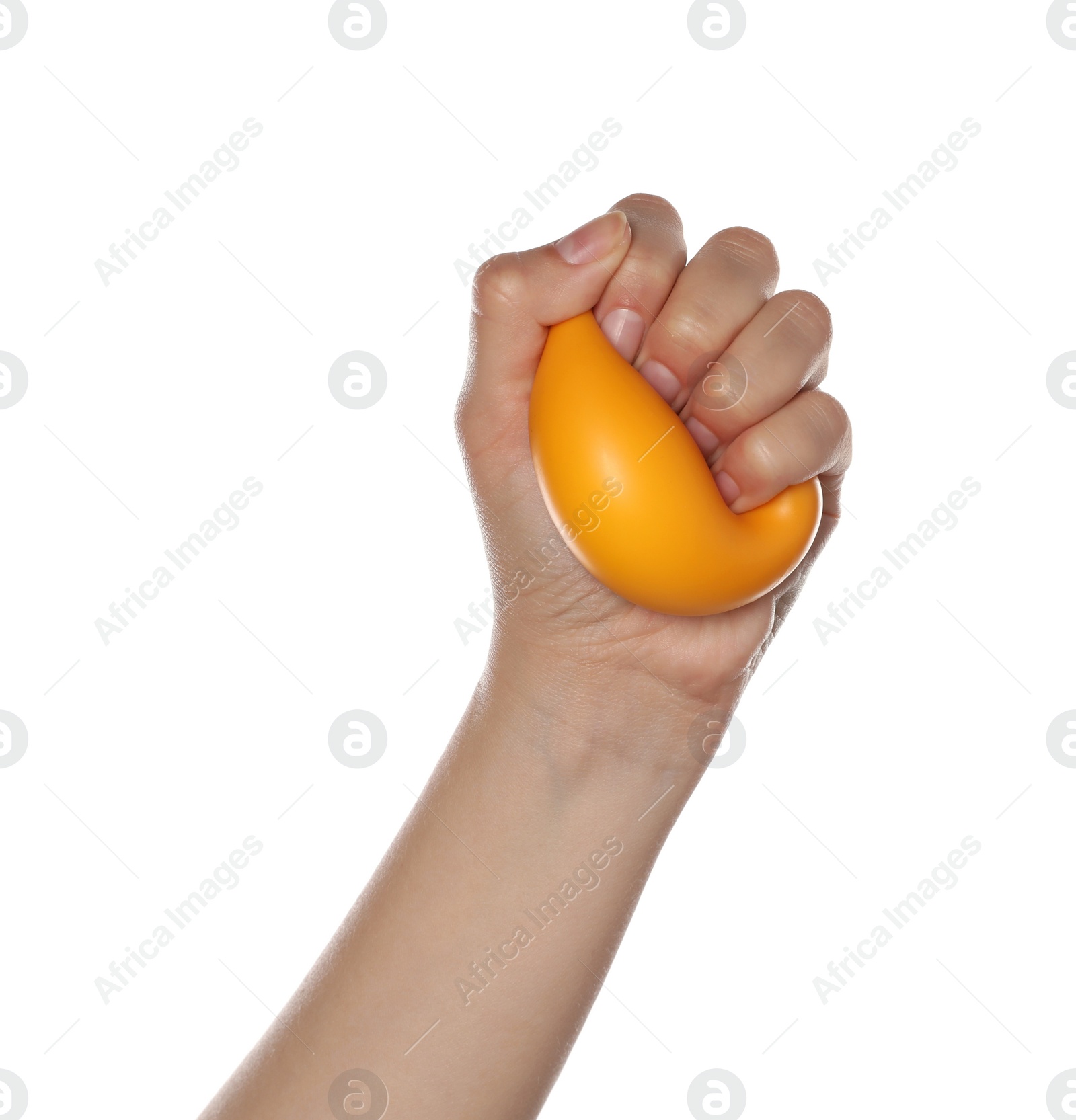 Photo of Woman squeezing antistress ball on white background, closeup