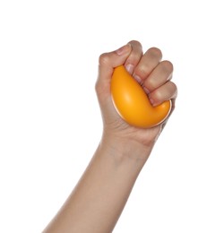 Photo of Woman squeezing antistress ball on white background, closeup