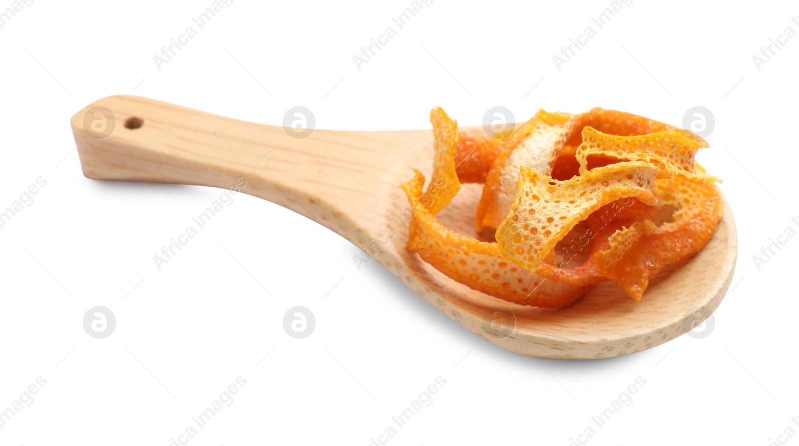 Photo of Wooden spoon with dry orange peels isolated on white