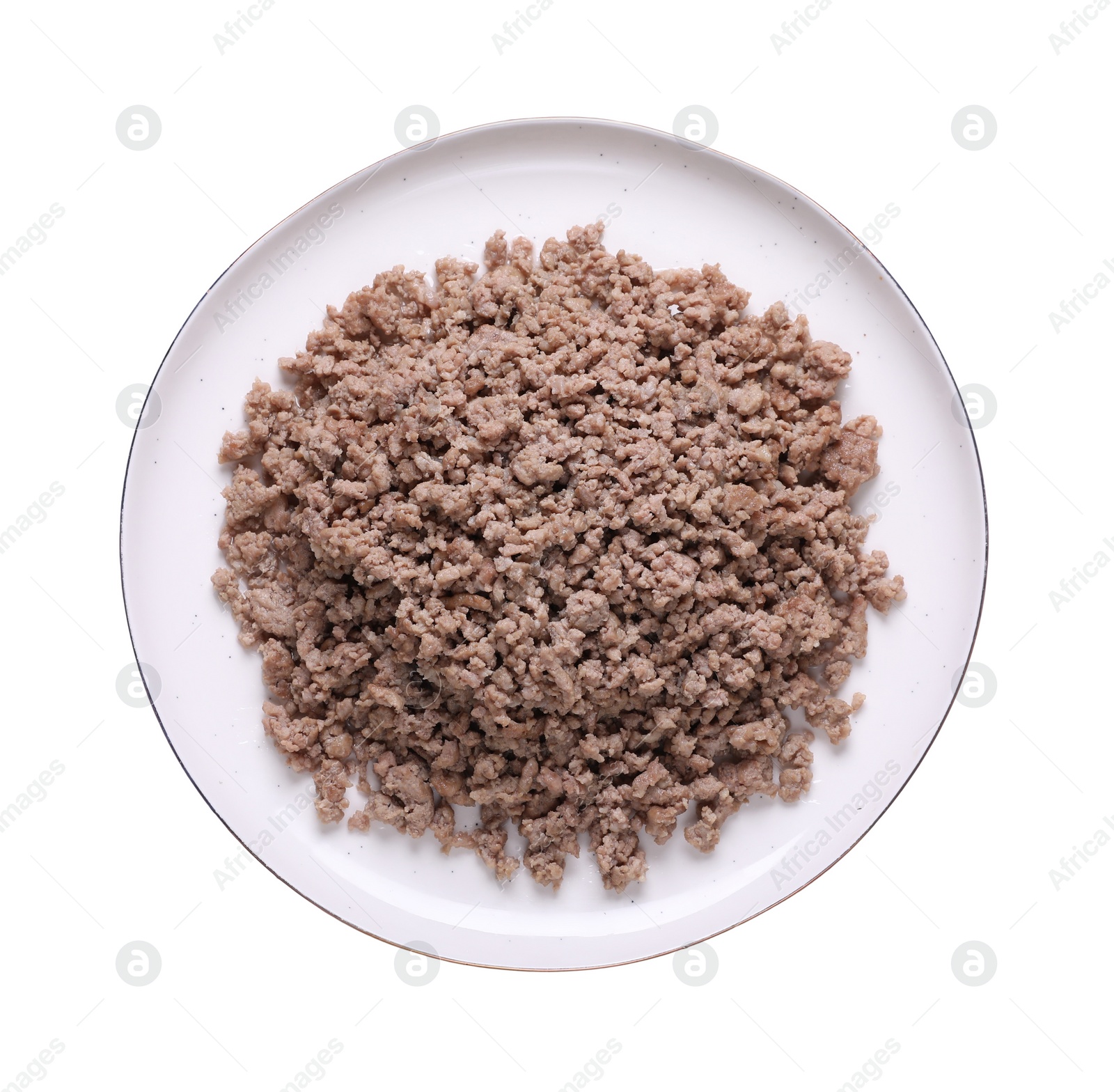 Photo of Plate of fried minced meat on white background, top view